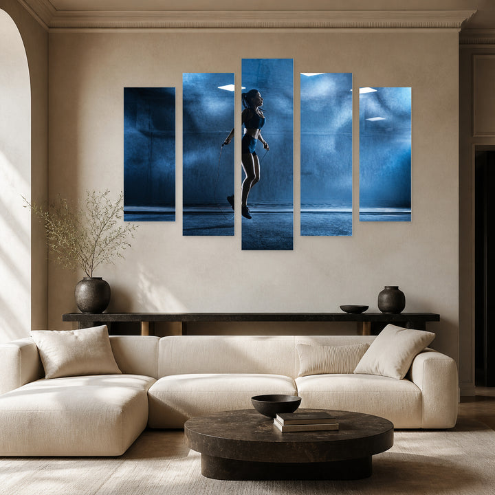 Young Athletic Woman with Dramatic Contrast — five-panel wall art in alternate frontal interior | 5wallart 51502 M4