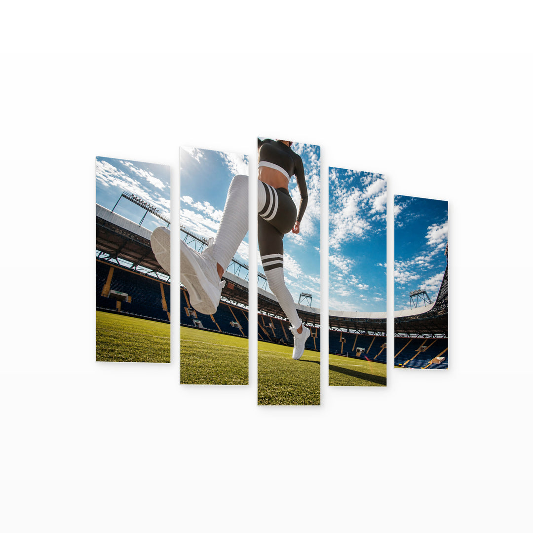 Athletic Woman Running in Stadium with Dramatic Contrast — five-panel wall art on white background in perspective | 5wallart 51503 M1