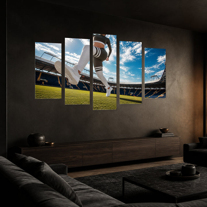 Athletic Woman Running in Stadium with Dramatic Contrast — five-panel wall art in perspective interior | 5wallart 51503 M2
