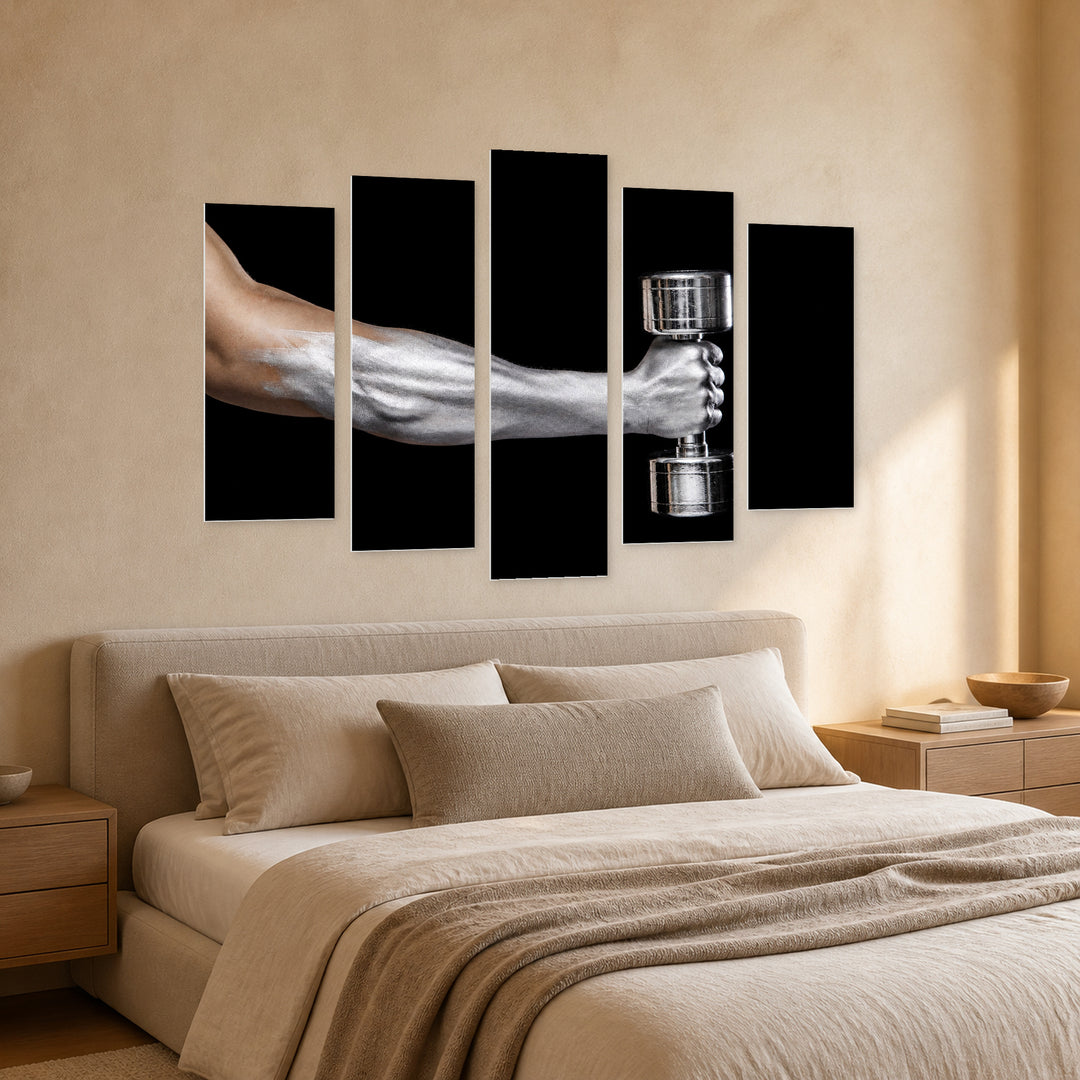 Muscular Silver Arm with Dramatic Contrast — five-panel wall art in perspective interior | 5wallart 51505 M2
