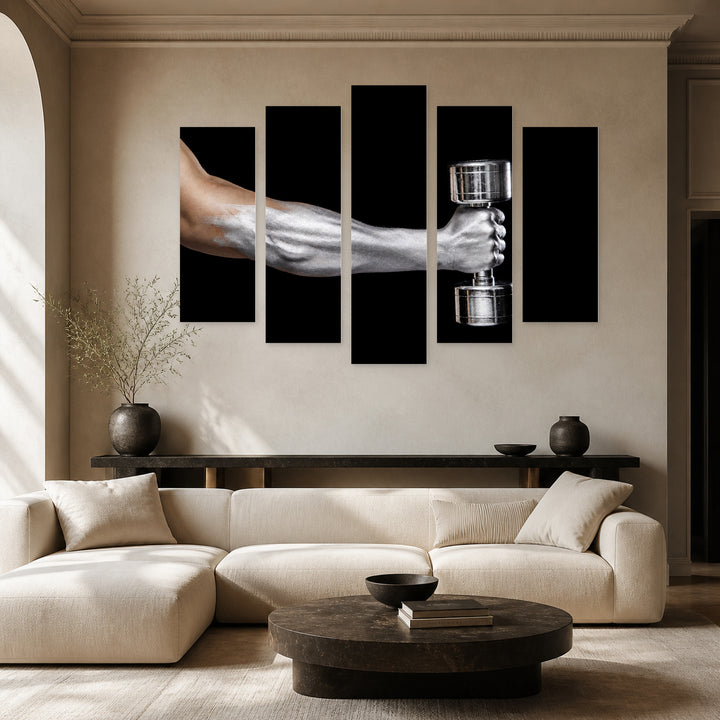 Muscular Silver Arm with Dramatic Contrast — five-panel wall art in frontal interior | 5wallart 51505 M3