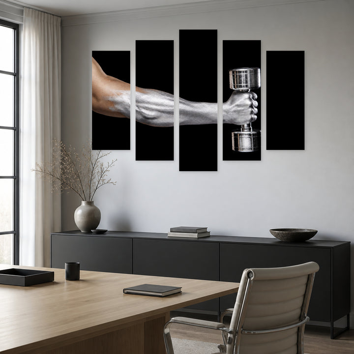 Muscular Silver Arm with Dramatic Contrast — five-panel wall art in alternate frontal interior | 5wallart 51505 M4