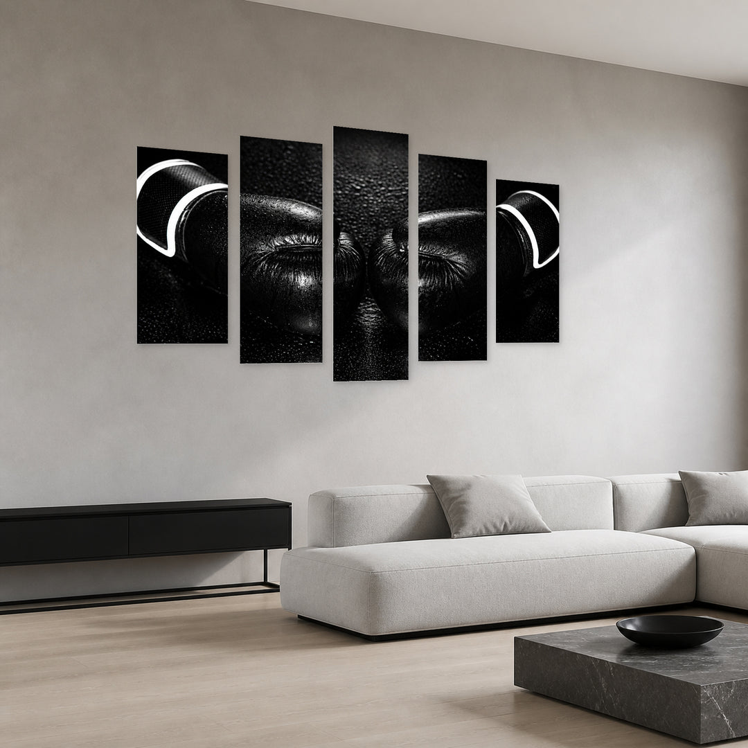Black Boxing Gloves with Dramatic Contrast — five-panel wall art in perspective interior | 5wallart 51506 M2