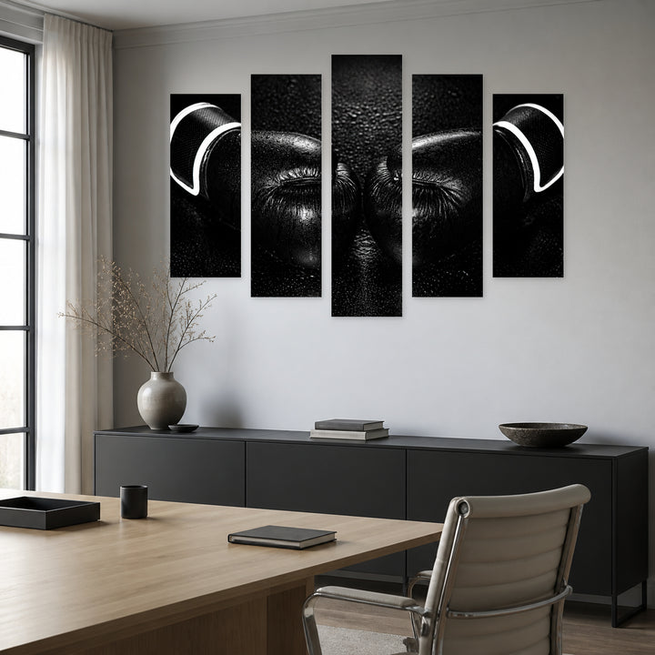 Black Boxing Gloves with Dramatic Contrast — five-panel wall art in frontal interior | 5wallart 51506 M3
