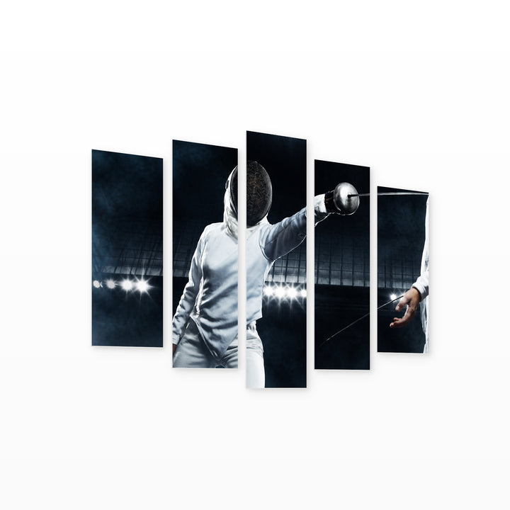Fencer Match with Dramatic Contrast — five-panel wall art on white background in perspective | 5wallart 51508 M1