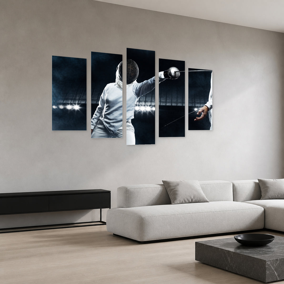 Fencer Match with Dramatic Contrast — five-panel wall art in perspective interior | 5wallart 51508 M2