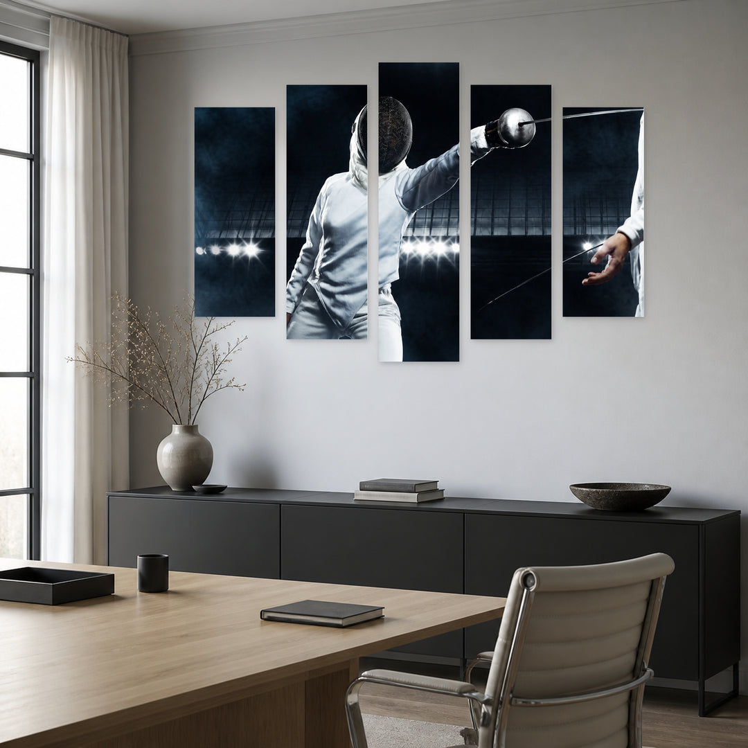 Fencer Match with Dramatic Contrast — five-panel wall art in frontal interior | 5wallart 51508 M3