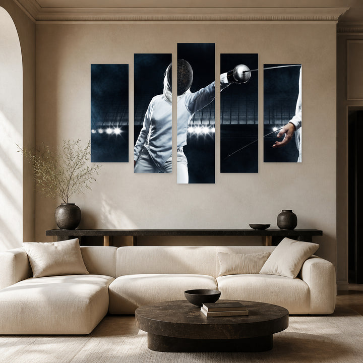Fencer Match with Dramatic Contrast — five-panel wall art in alternate frontal interior | 5wallart 51508 M4