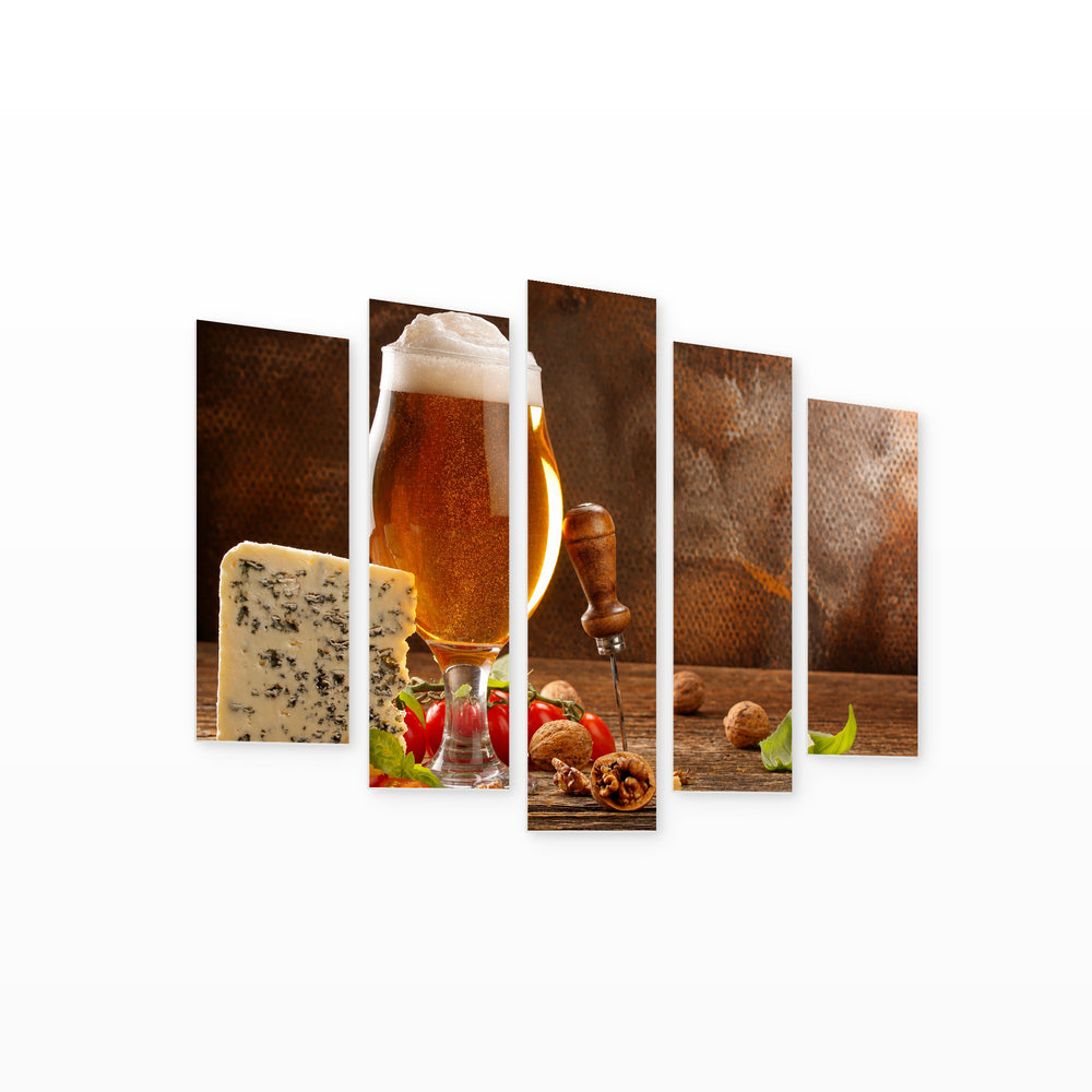 Cheese and Beer Appetizer Still Life — five-panel wall art on white background in perspective | 5wallart 51513 M1