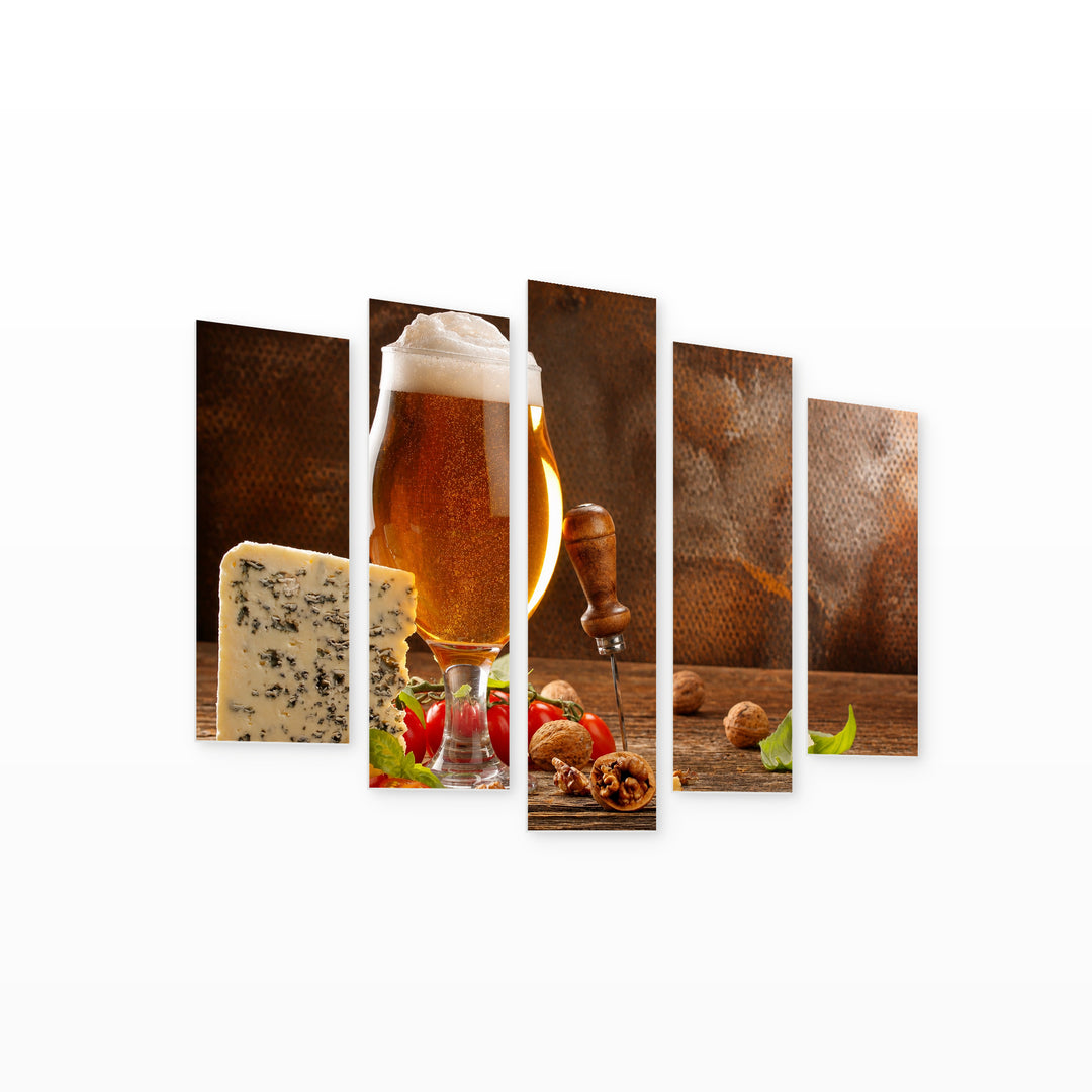 Cheese and Beer Appetizer Still Life — five-panel wall art on white background in perspective | 5wallart 51513 M1