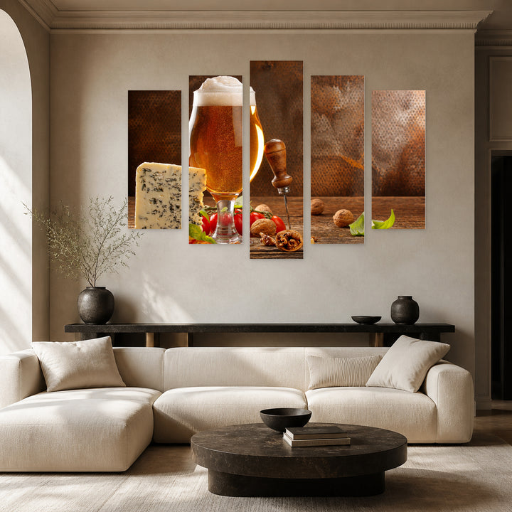 Cheese and Beer Appetizer Still Life — five-panel wall art in frontal interior | 5wallart 51513 M3