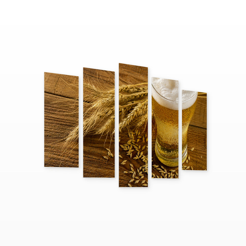 Wheat Stalk and Beer Still Life — five-panel wall art on white background in perspective | 5wallart 51516 M1