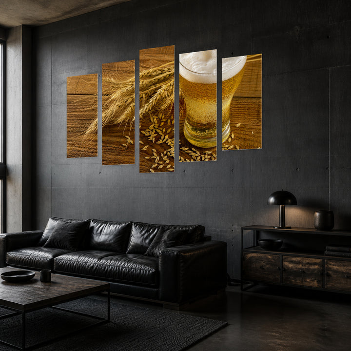 Wheat Stalk and Beer Still Life — five-panel wall art in perspective interior | 5wallart 51516 M2