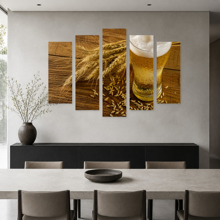 Wheat Stalk and Beer Still Life — five-panel wall art in frontal interior | 5wallart 51516 M3