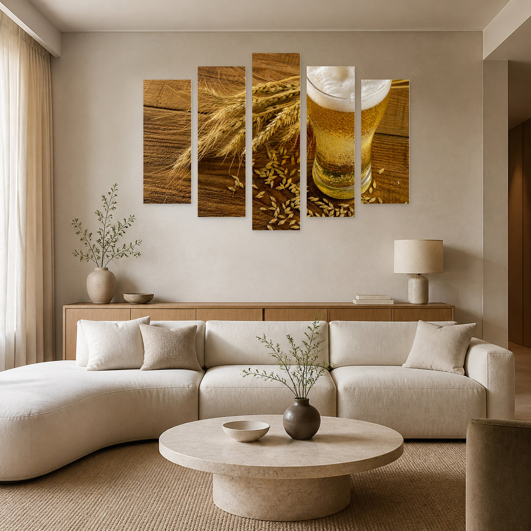 Wheat Stalk and Beer Still Life — five-panel wall art in alternate frontal interior | 5wallart 51516 M4