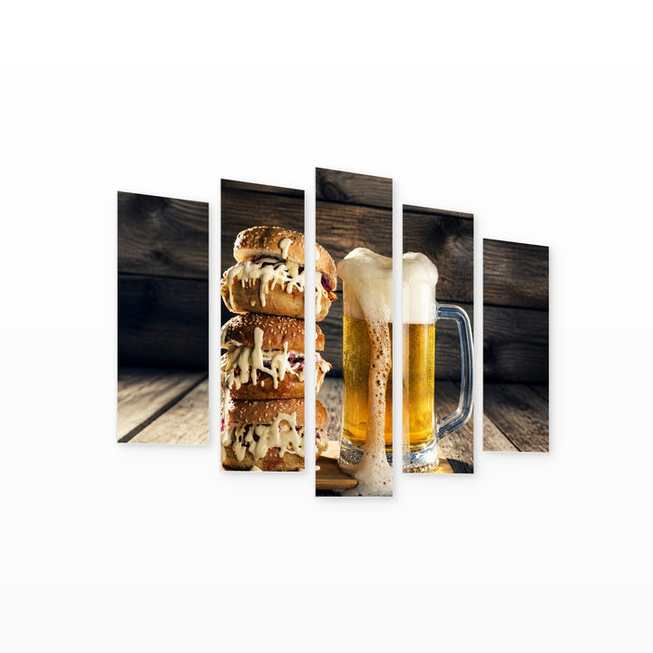 Beer Mug and Huge Burger Still Life — five-panel wall art on white background in perspective | 5wallart 51528 M1