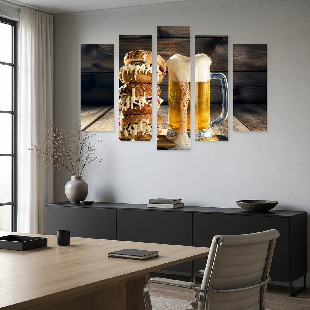 Beer Mug and Huge Burger Still Life — five-panel wall art in frontal interior | 5wallart 51528 M3