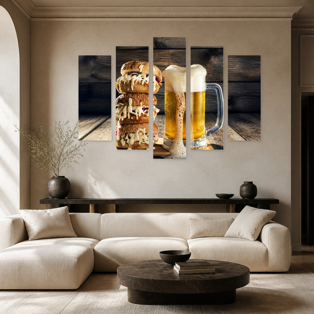Beer Mug and Huge Burger Still Life — five-panel wall art in alternate frontal interior | 5wallart 51528 M4
