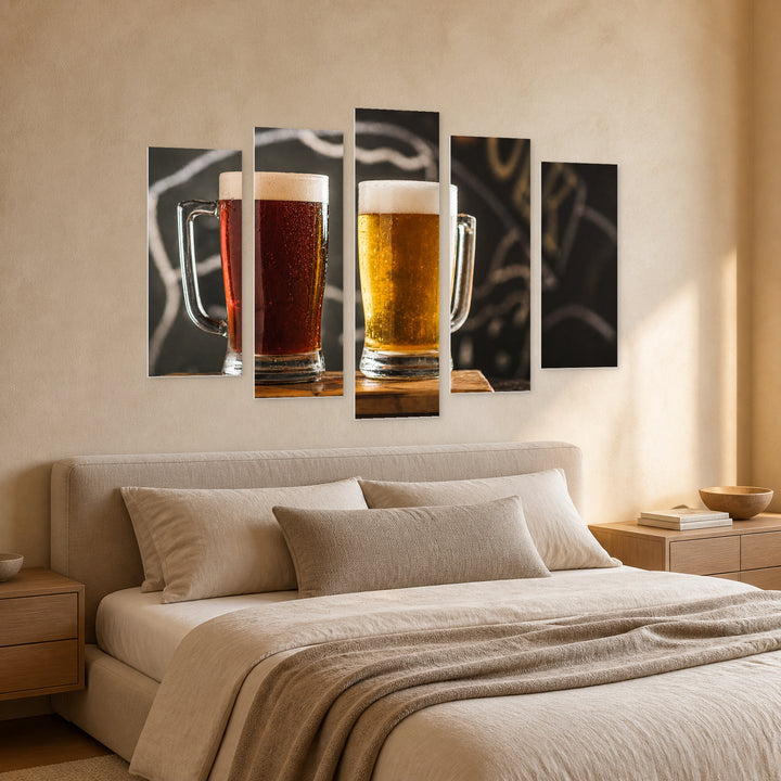 Dark and Light Beer Still Life — five-panel wall art in perspective interior | 5wallart 51529 M2