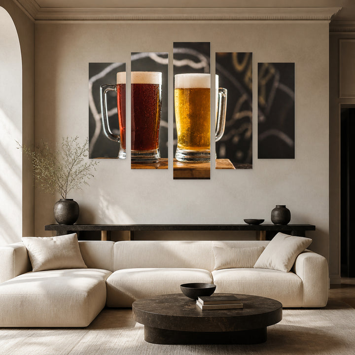 Dark and Light Beer Still Life — five-panel wall art in frontal interior | 5wallart 51529 M3