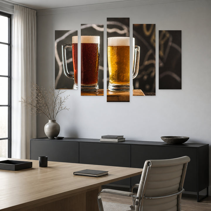Dark and Light Beer Still Life — five-panel wall art in alternate frontal interior | 5wallart 51529 M4