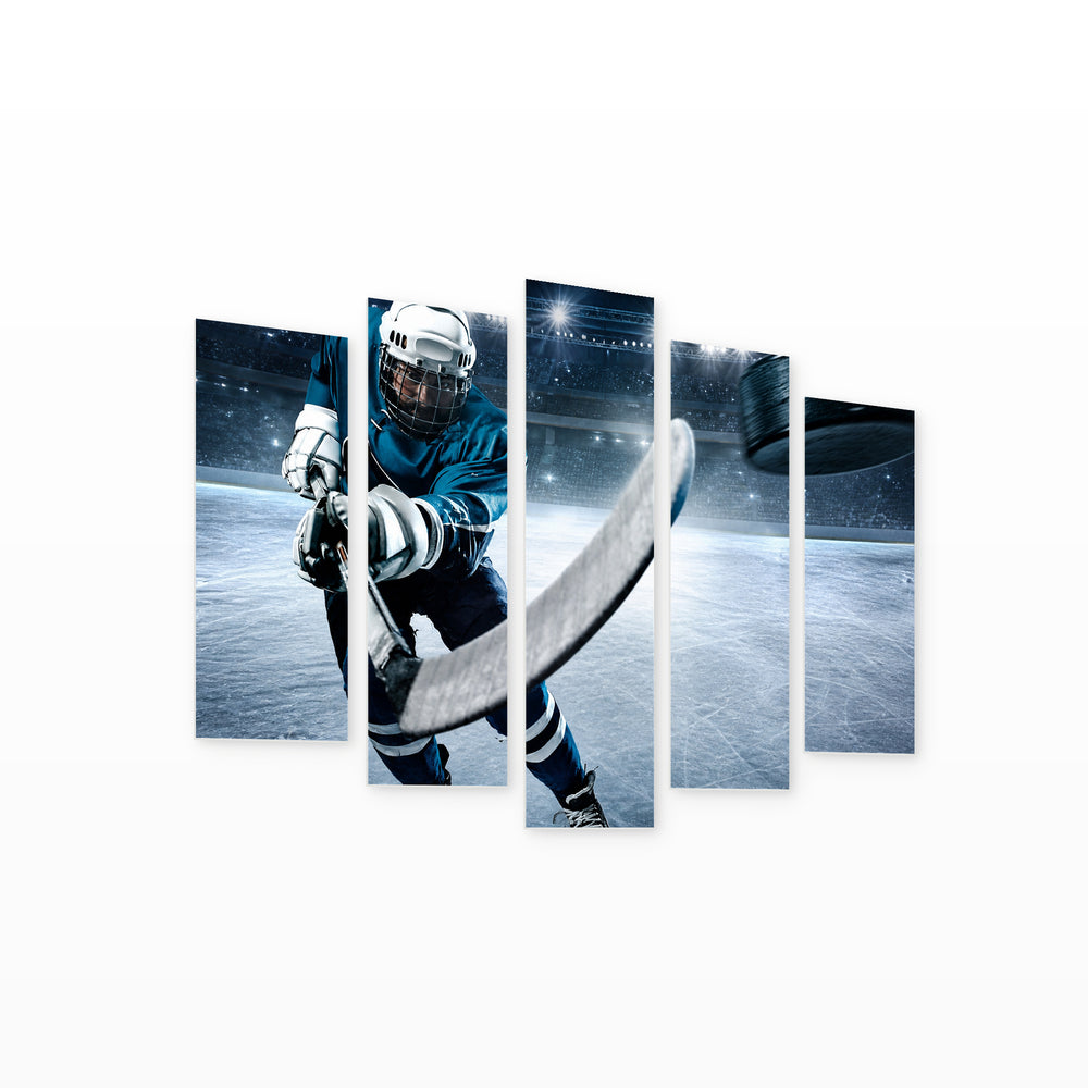 Hockey Player in Stadium in Vivid Color — five-panel wall art on white background in perspective | 5wallart 51537 M1