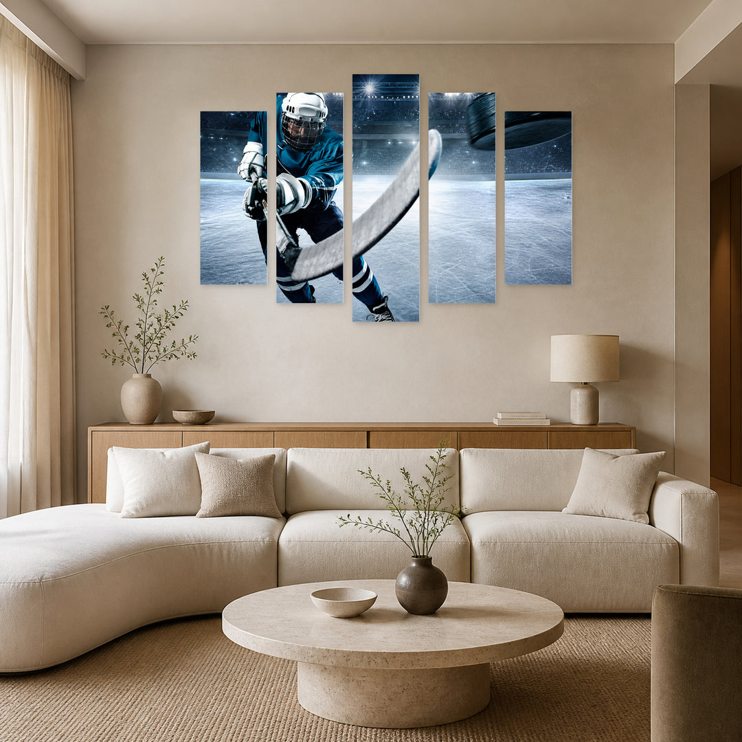 Hockey Player in Stadium in Vivid Color — five-panel wall art in frontal interior | 5wallart 51537 M3