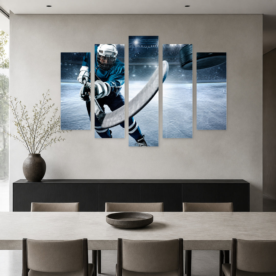 Hockey Player in Stadium in Vivid Color — five-panel wall art in alternate frontal interior | 5wallart 51537 M4