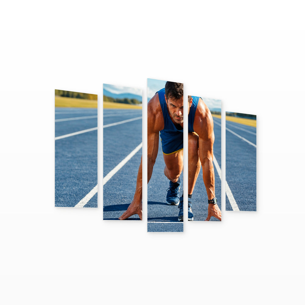 Athletic Man Starting Jogging in Blue and Gold — five-panel wall art on white background in perspective | 5wallart 51538 M1
