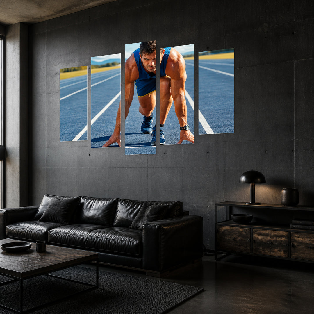 Athletic Man Starting Jogging in Blue and Gold — five-panel wall art in perspective interior | 5wallart 51538 M2