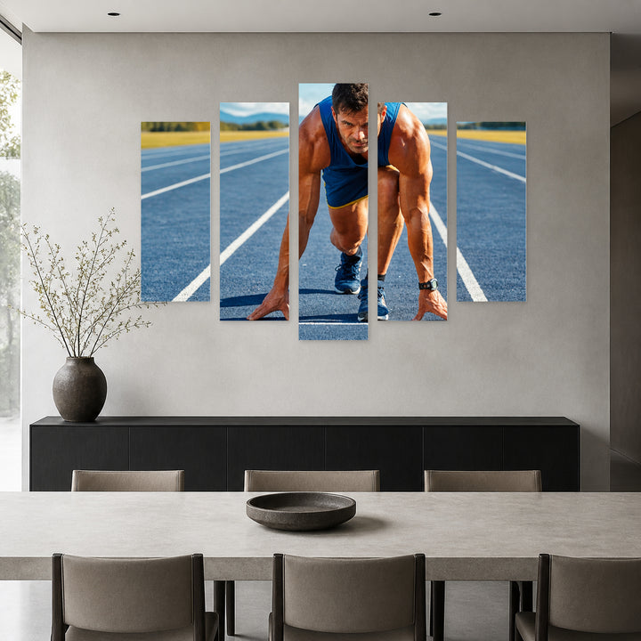 Athletic Man Starting Jogging in Blue and Gold — five-panel wall art in frontal interior | 5wallart 51538 M3
