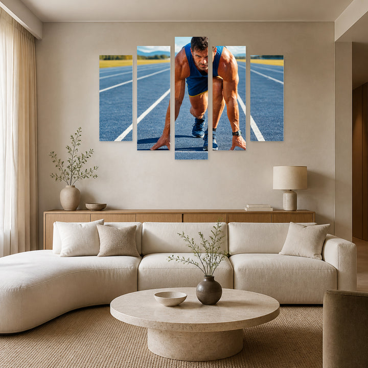 Athletic Man Starting Jogging in Blue and Gold — five-panel wall art in alternate frontal interior | 5wallart 51538 M4