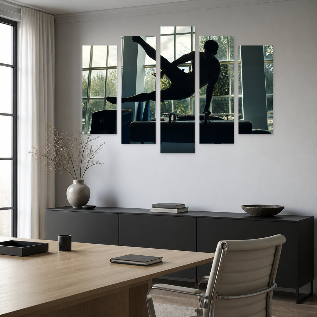 Gymnastics Exercise with Dramatic Contrast — five-panel wall art in alternate frontal interior | 5wallart 51541 M4