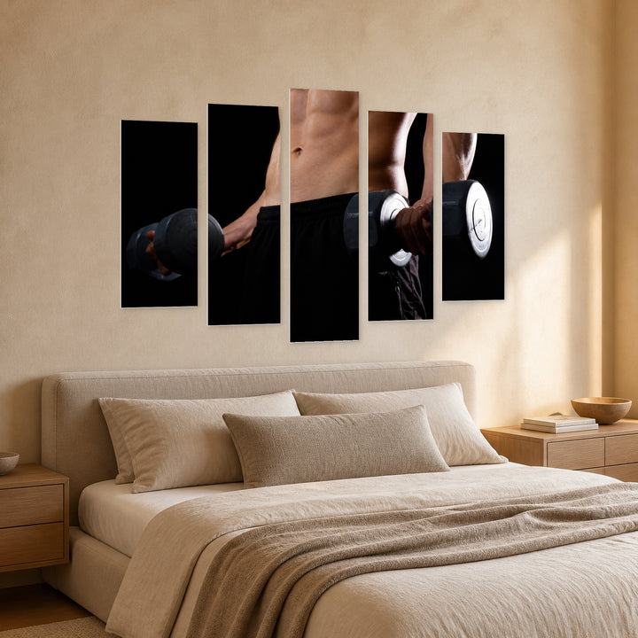 Portrait of Muscular Bodybuilder with Dramatic Contrast — five-panel wall art in perspective interior | 5wallart 51543 M2