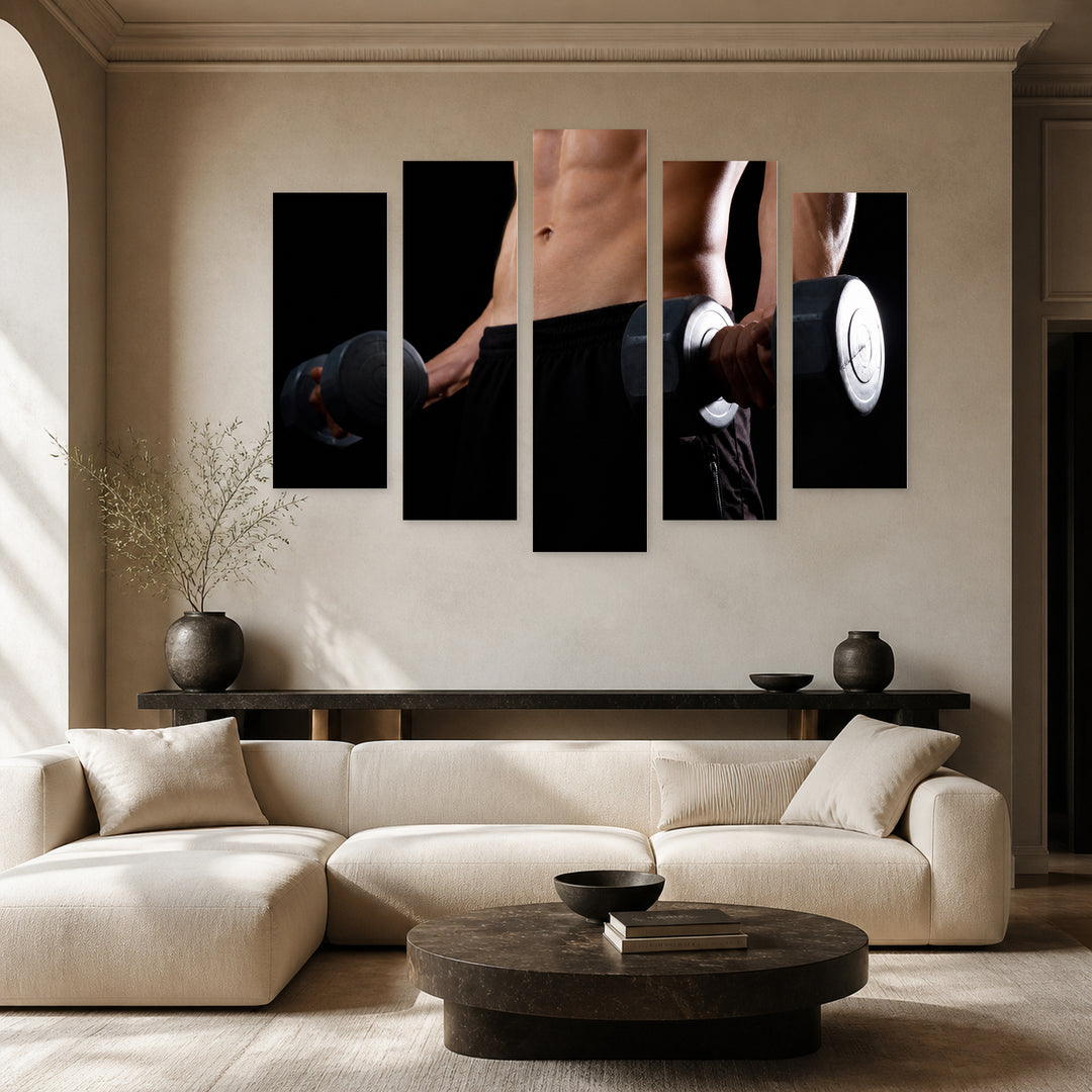 Portrait of Muscular Bodybuilder with Dramatic Contrast — five-panel wall art in frontal interior | 5wallart 51543 M3