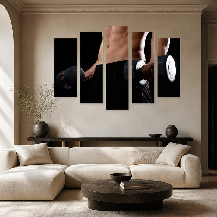 Portrait of Muscular Bodybuilder with Dramatic Contrast — five-panel wall art in frontal interior | 5wallart 51543 M3