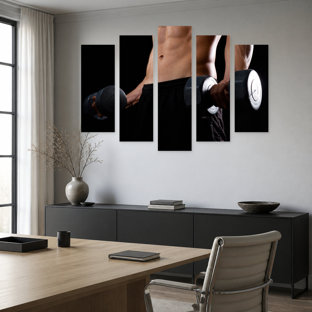 Portrait of Muscular Bodybuilder with Dramatic Contrast — five-panel wall art in alternate frontal interior | 5wallart 51543 M4