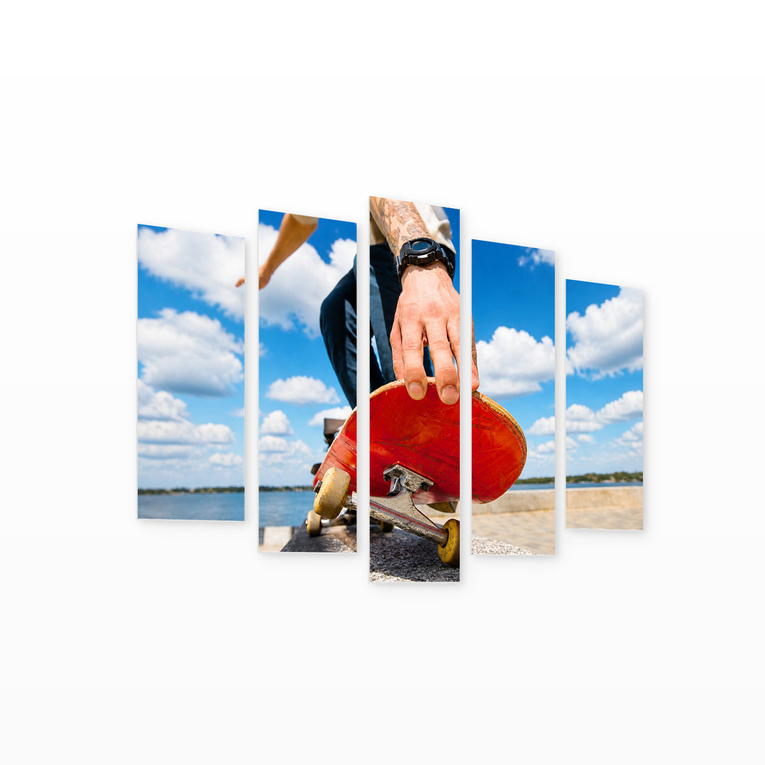 Skateboarder Doing a Trick in Vivid Color — five-panel wall art on white background in perspective | 5wallart 51545 M1