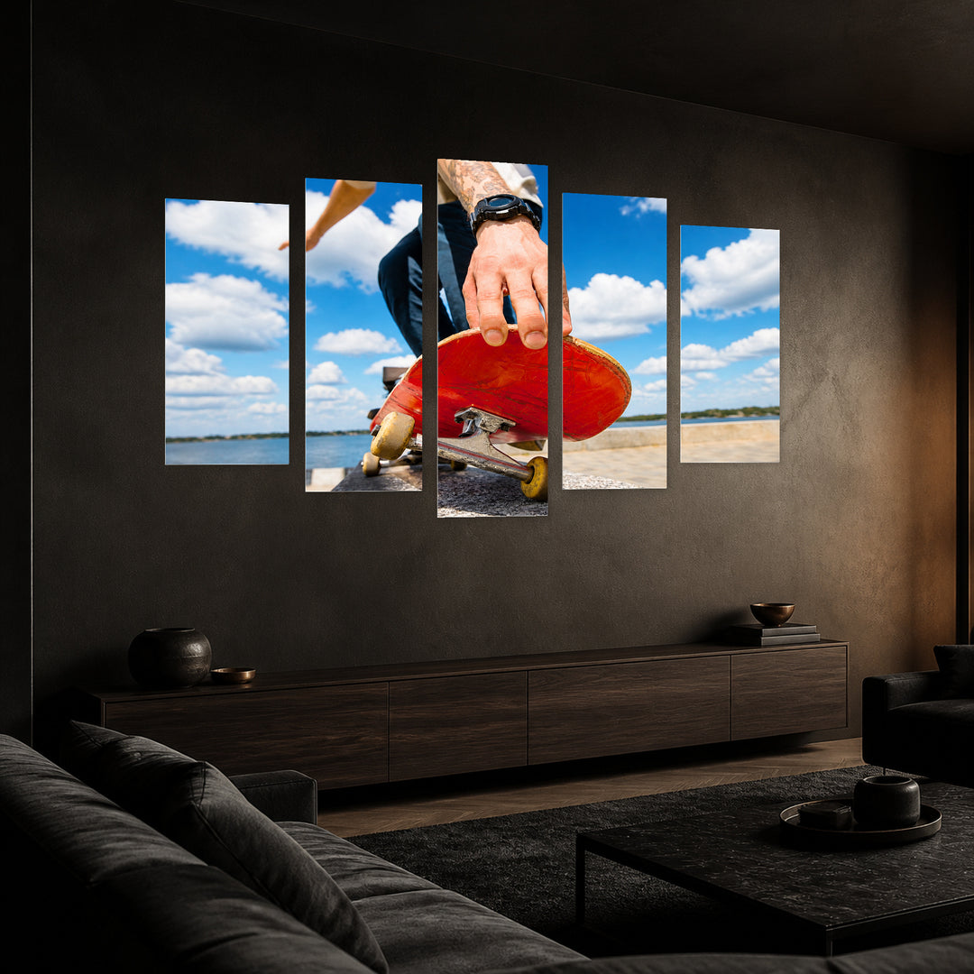 Skateboarder Doing a Trick in Vivid Color — five-panel wall art in perspective interior | 5wallart 51545 M2
