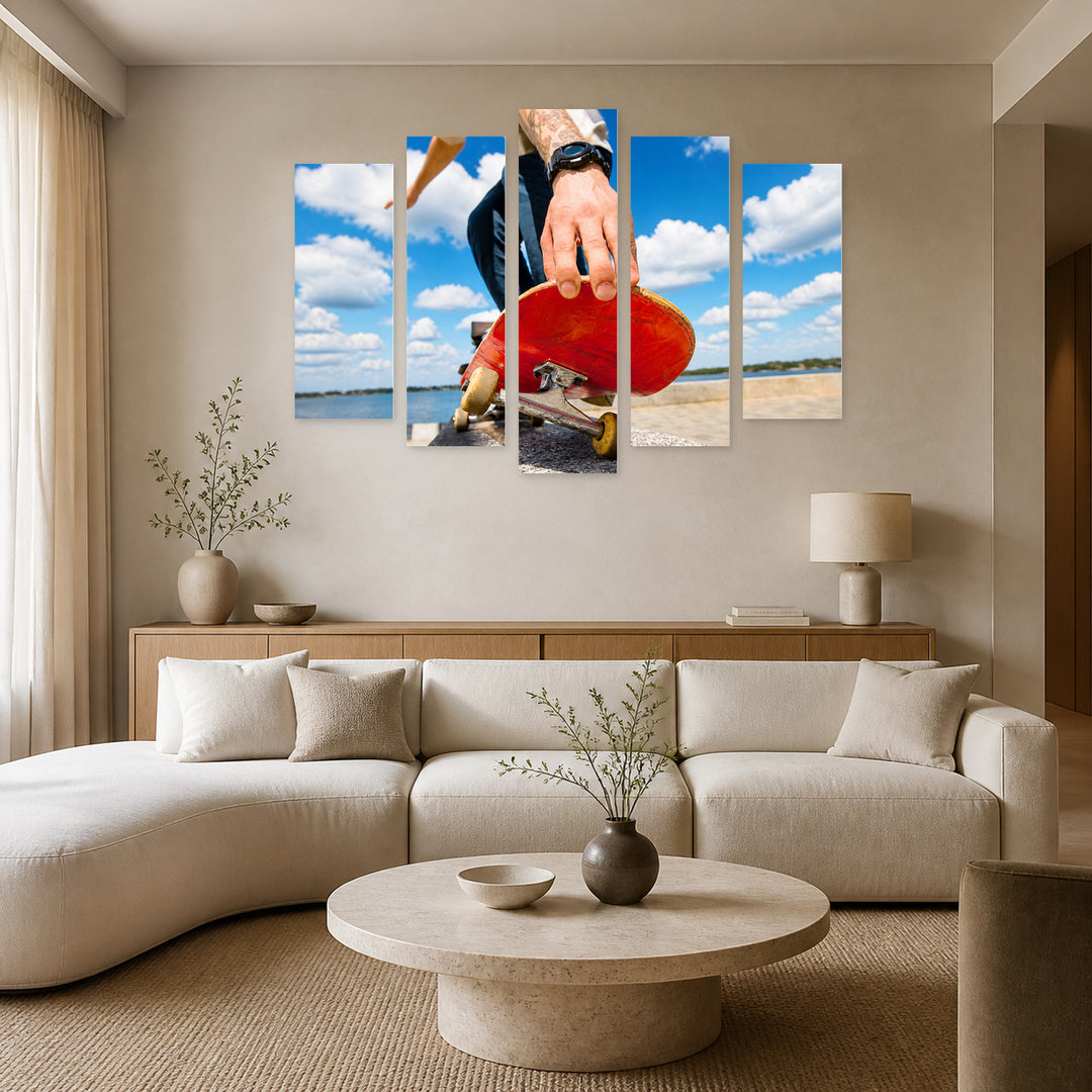 Skateboarder Doing a Trick in Vivid Color — five-panel wall art in frontal interior | 5wallart 51545 M3