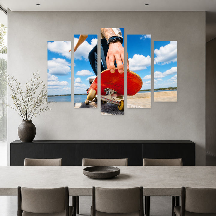 Skateboarder Doing a Trick in Vivid Color — five-panel wall art in alternate frontal interior | 5wallart 51545 M4