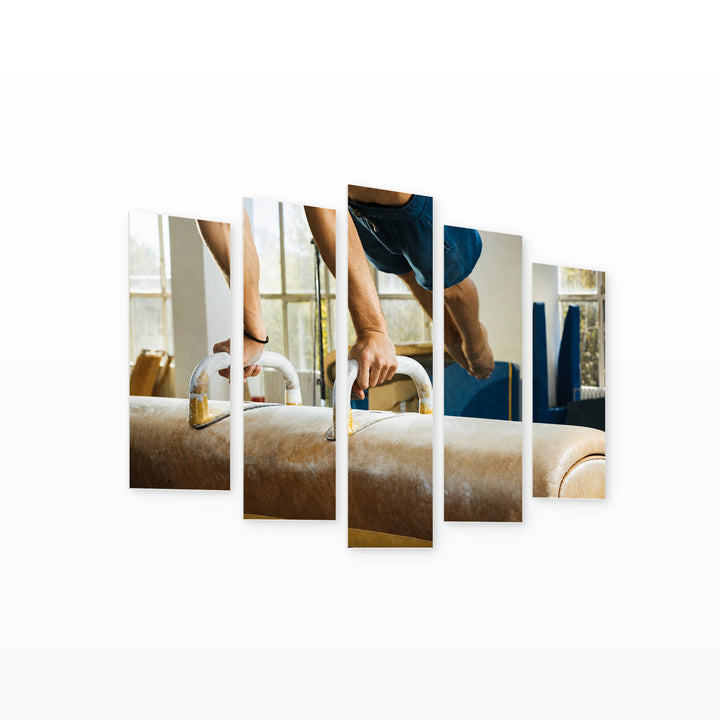 Artistic Gymnastics in Blue and Gold — five-panel wall art on white background in perspective | 5wallart 51548 M1