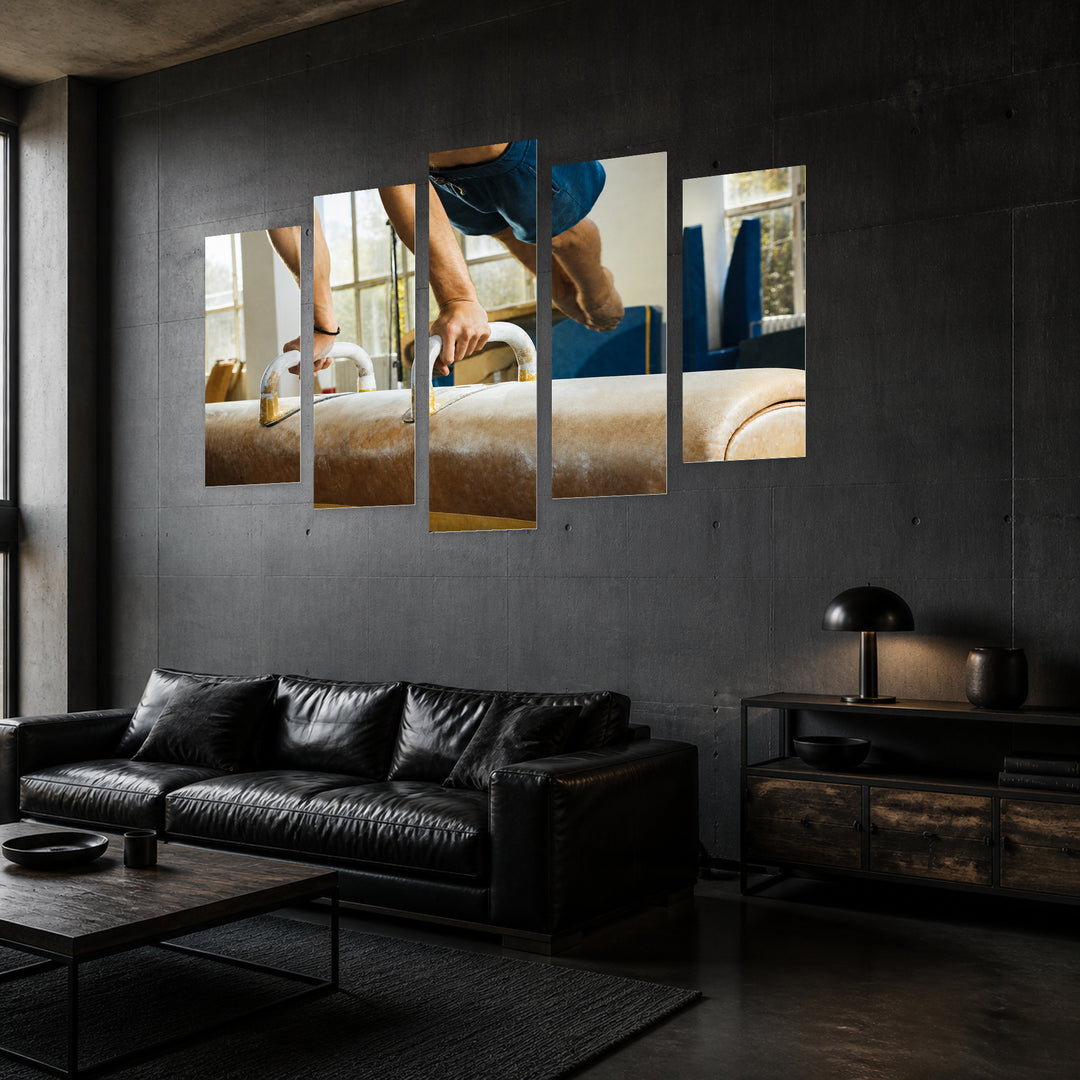 Artistic Gymnastics in Blue and Gold — five-panel wall art in perspective interior | 5wallart 51548 M2