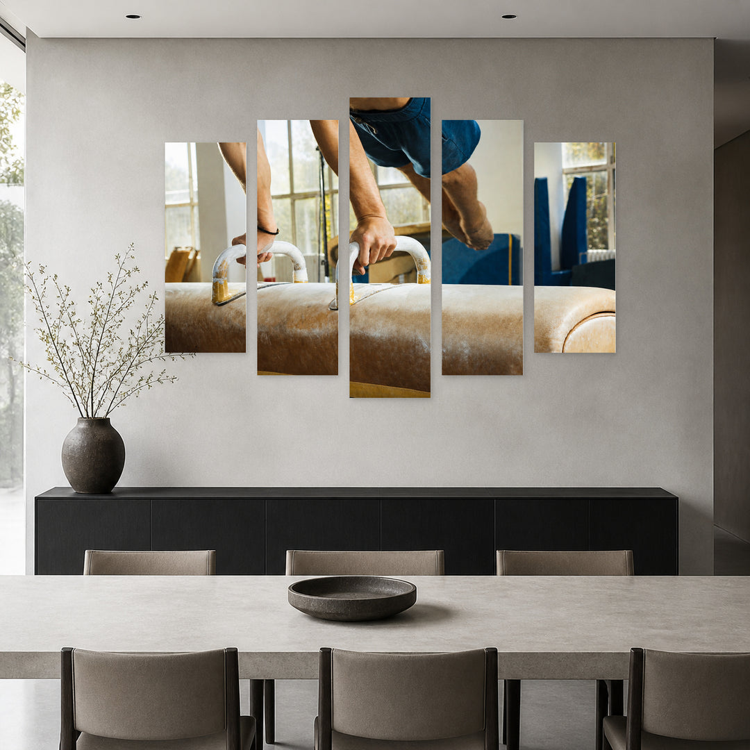 Artistic Gymnastics in Blue and Gold — five-panel wall art in frontal interior | 5wallart 51548 M3