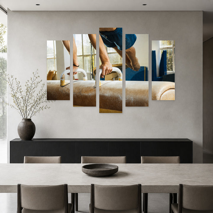 Artistic Gymnastics in Blue and Gold — five-panel wall art in frontal interior | 5wallart 51548 M3