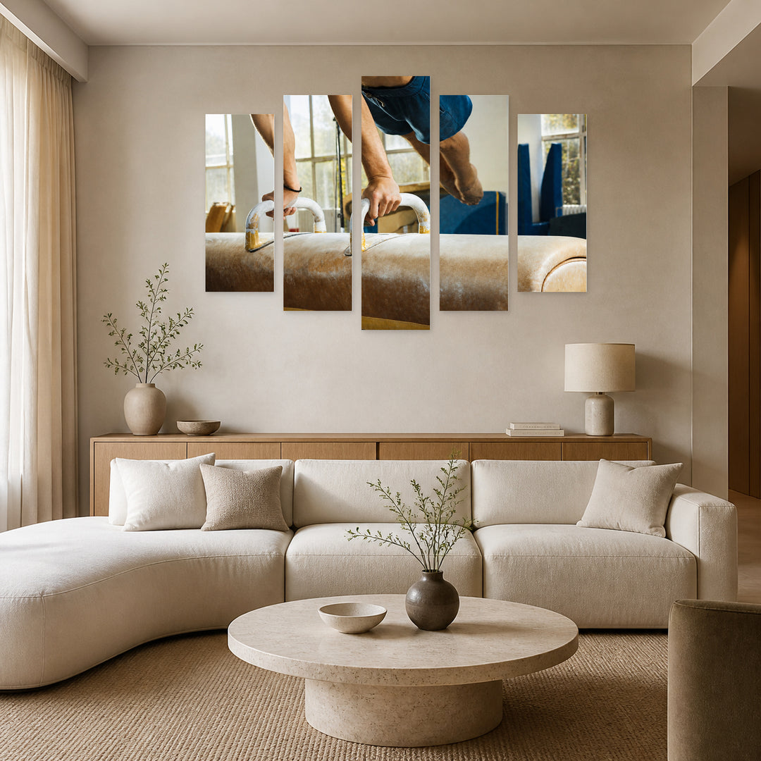 Artistic Gymnastics in Blue and Gold — five-panel wall art in alternate frontal interior | 5wallart 51548 M4