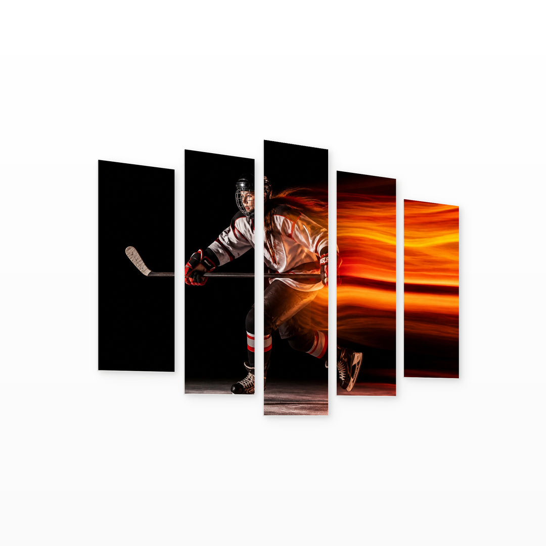 Young Female Hockey Player with Dramatic Contrast — five-panel wall art on white background in perspective | 5wallart 51549 M1