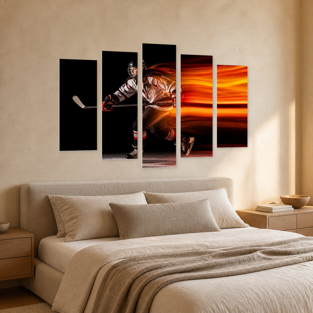 Young Female Hockey Player with Dramatic Contrast — five-panel wall art in perspective interior | 5wallart 51549 M2