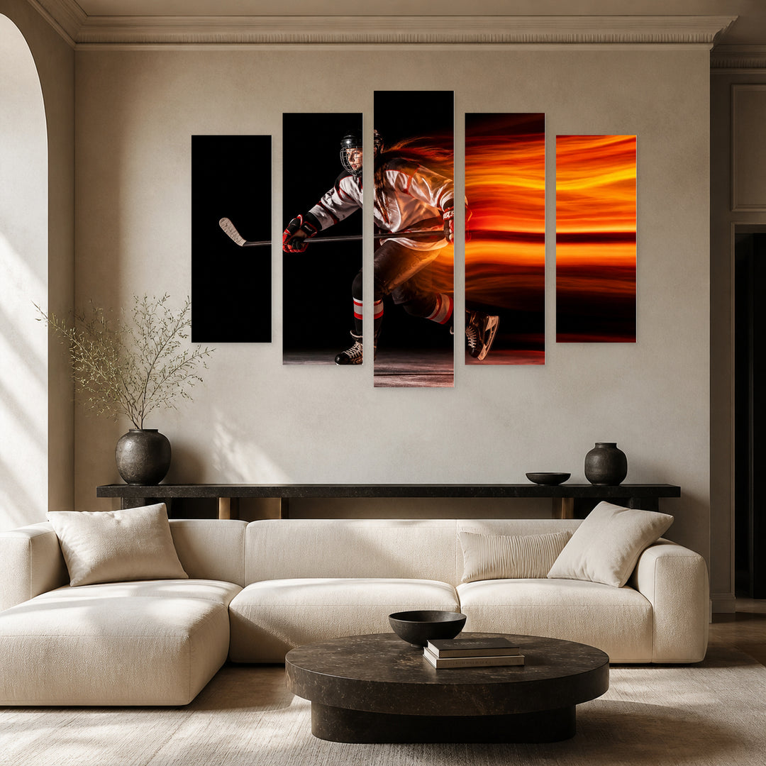 Young Female Hockey Player with Dramatic Contrast — five-panel wall art in frontal interior | 5wallart 51549 M3