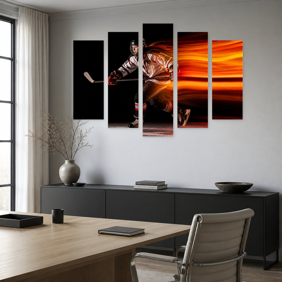 Young Female Hockey Player with Dramatic Contrast — five-panel wall art in alternate frontal interior | 5wallart 51549 M4